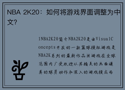 NBA 2K20：如何将游戏界面调整为中文？