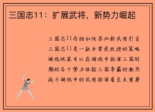 三国志11：扩展武将，新势力崛起