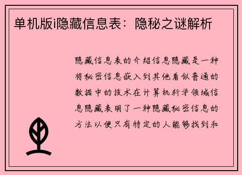 单机版i隐藏信息表：隐秘之谜解析